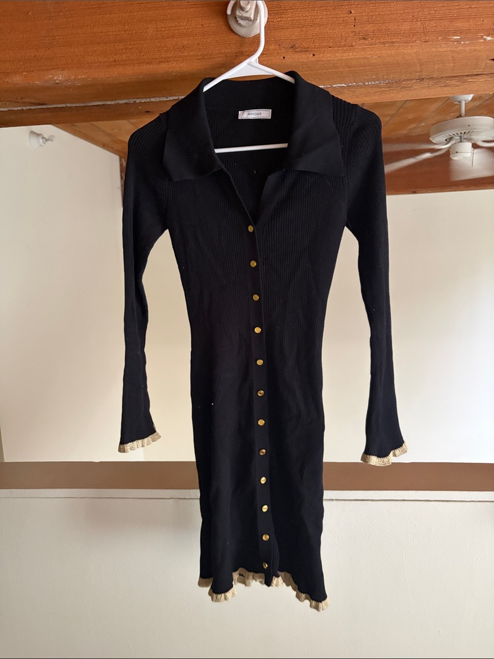 RIHOAS Black Long Sleeve Ribbed Button-Front Dress with Gold Trim
